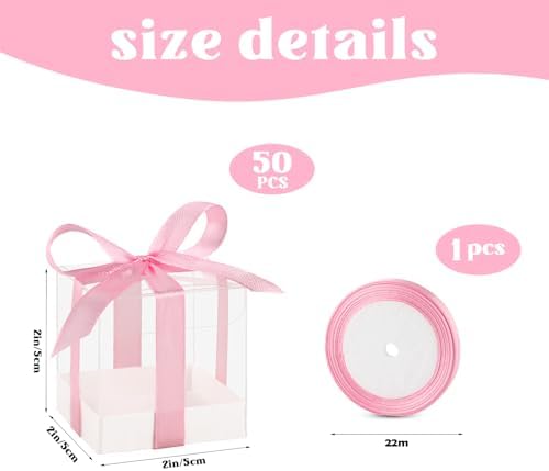 Hxezoc 50 Pack Clear Candy Favor Boxes with Pink Ribbons 2x2x2 Inches
