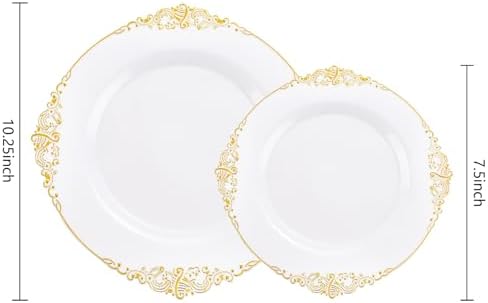 102PCS White and Gold Plastic Plates for Weddings Parties