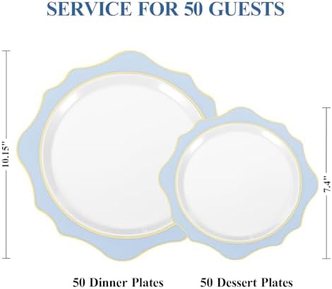 100 PCS White Blue Disposable Plates for 50 Guests Party Wedding Graduation