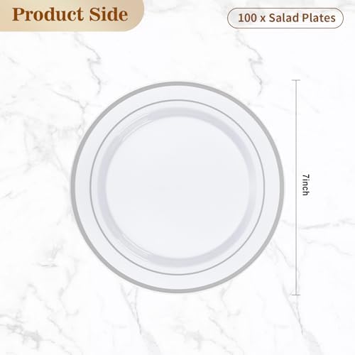 100PCS Silver Rim Plastic Dessert Plate 7 Inch Party Use