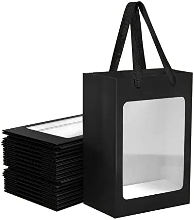 12 Pcs Black Kraft Paper Gift Bags with Window Handles