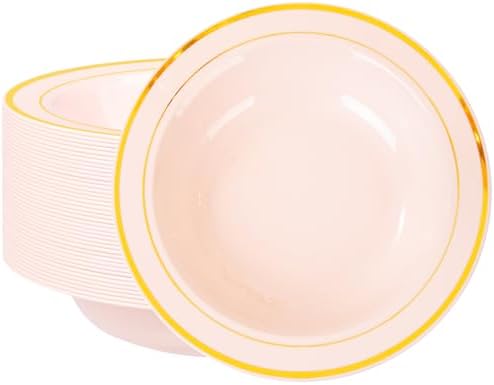 Nervure 50 Pack Pink Plastic Bowls with Gold Rim