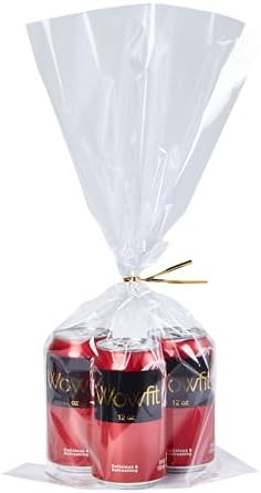 Wowfit 50 CT 9x20 Inch Clear Cellophane Bags with Gold Twist Ties