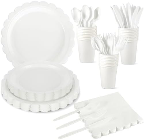 175 Pcs White Party Supplies Set with Plates Cups Napkins Cutlery