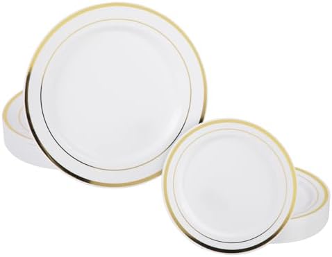 Prestee 50-Piece Gold Rimmed Plastic Plates Set