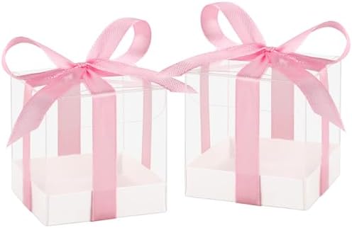 Hxezoc 50 Pack Clear Candy Favor Boxes with Pink Ribbons 2x2x2 Inches