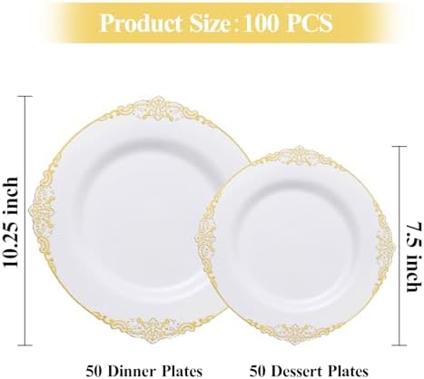 100 PCS White Gold Plastic Plates for 50 Guests