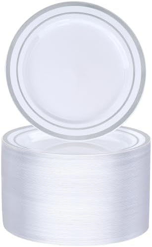 100PCS Silver Rim Plastic Dessert Plate 7 Inch Party Use