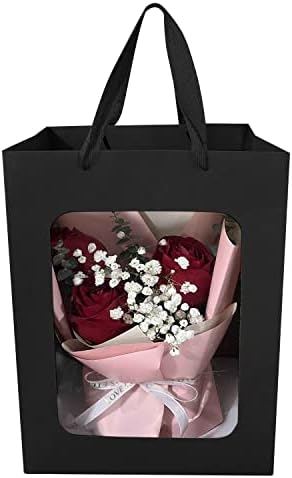 12 Pcs Black Kraft Paper Gift Bags with Window Handles