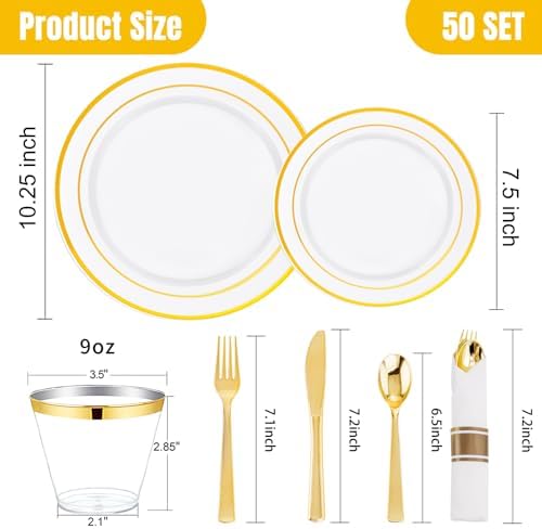 WELLIFE 350Pcs White Gold Plastic Plates for 50 Guests