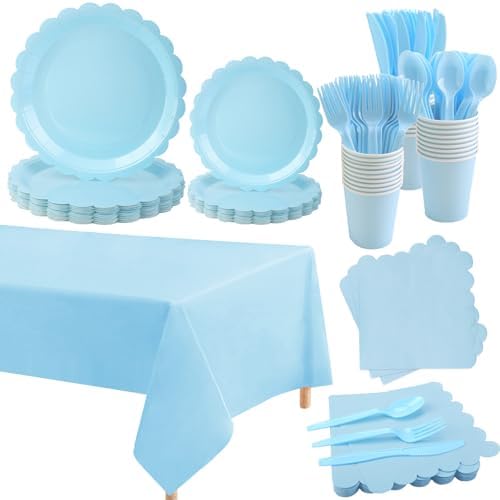 176 Pcs Light Blue Paper Plates and Napkins Set