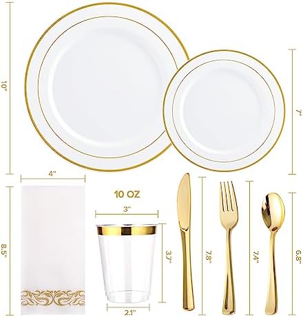 FOCUSLINE 25 Piece Gold Rimmed Disposable Plate Set for 25 Guests