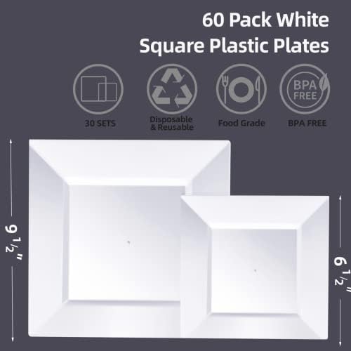 Goodluck 60 Pack Disposable Square Plates - 95 and 65 White