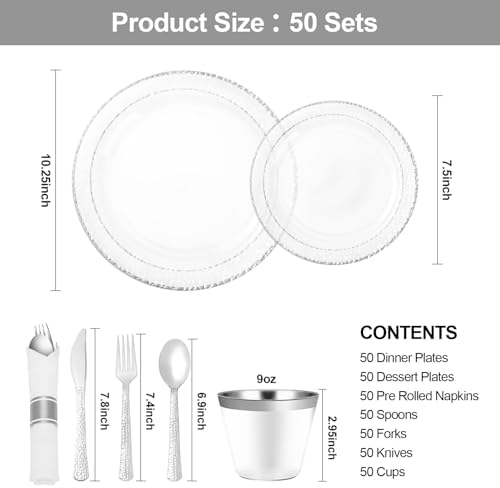 350PCS Clear Plastic Plates with Silver Trim for 50 Guests