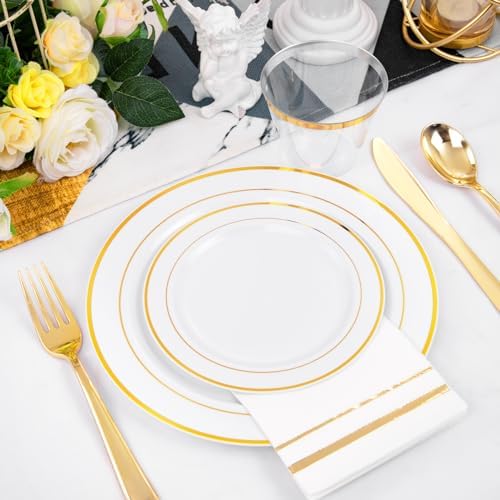 GATHER 350PCS White and Gold Plastic Plates Set for Party Wedding