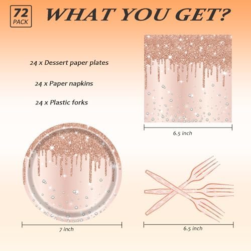 72 Pcs Rose Gold Party Tableware Set for 24 Guests