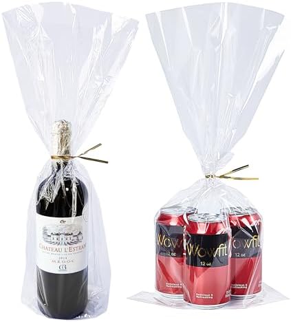 Wowfit 50 CT 9x20 Inch Clear Cellophane Bags with Gold Twist Ties