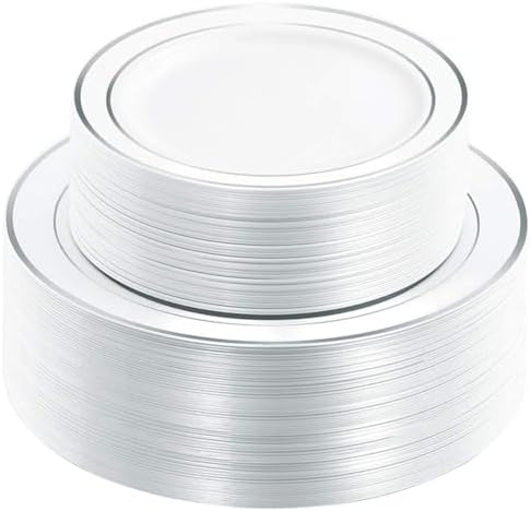 WDF 120PCS Plastic Christmas Plates with Silver Rim