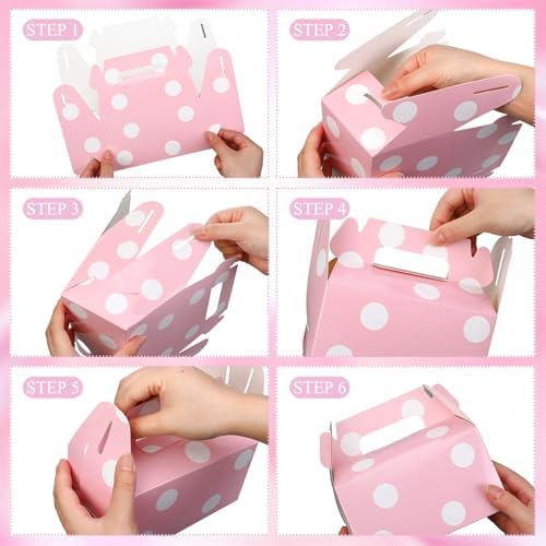 TecUnite 50 Pcs Pink Polka Dot Gift Boxes with Handles