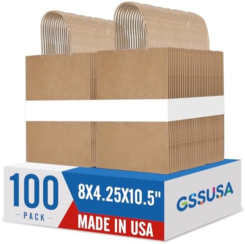 GSSUSA 100 Pack Brown Paper Bags with Handles Gift Wrapping