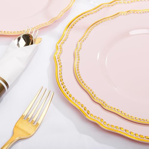 Hioasis 350pcs Pink Gold Plastic Plates Set