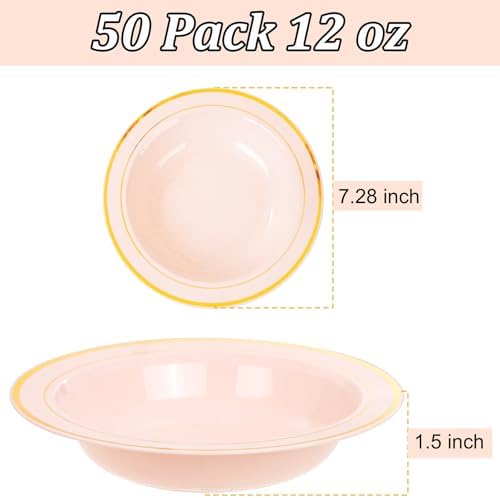 Nervure 50 Pack Pink Plastic Bowls with Gold Rim
