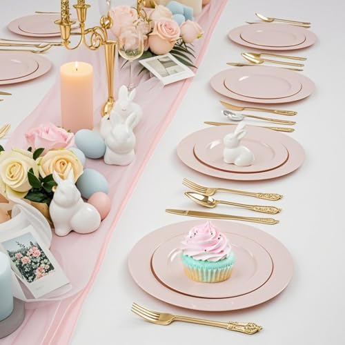 FLOWERCAT 100PCS Pink Plastic Plates Set for 50 Guests