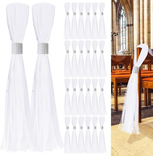 26 Piece White Pew Bows Set with Silver Rhinestone Decorations