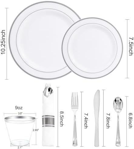 WELLIFE 350Pcs Silver Plastic Plates for 50 Guests - Party Dinnerware Set