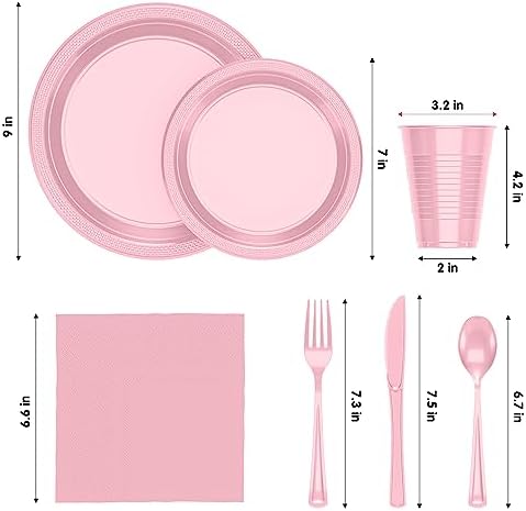 350 Pcs Pink Plastic Plates Set for Parties