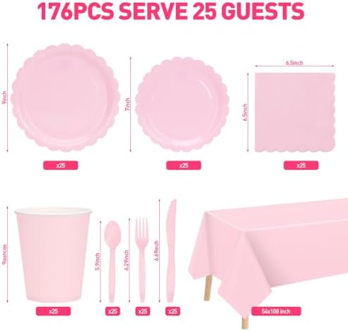 176 Pcs Pink Paper Plates and Napkins Set