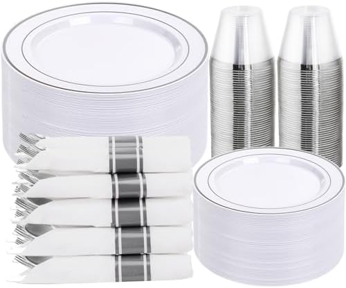 DaYammi 350PCS Silver Plastic Dinnerware Set for 50 Guests