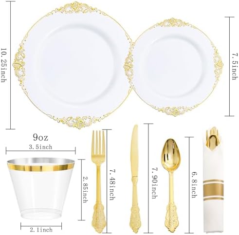 Nervure 175PCS Gold Plastic Plates for 25 Guests Wedding Party Supplies