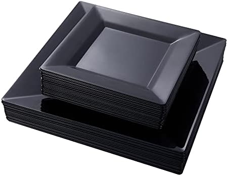 N9R 60PCS Black Plastic Square Plates for Parties and Events