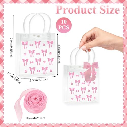 Lyosehy 10 Pcs Pink Bow Clear PVC Gift Bags with Handle Ribbon