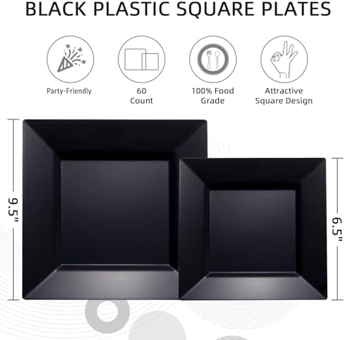 N9R 60PCS Black Plastic Square Plates for Parties and Events