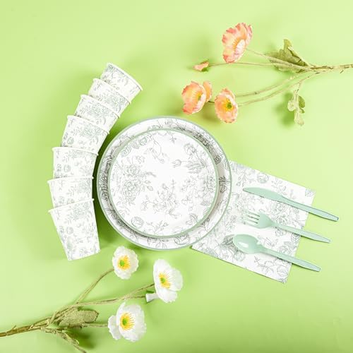 175Pcs Sage Green Floral Party Set Plates Napkins Cups Cutlery