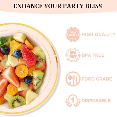 Nervure 50 Pack Pink Plastic Bowls with Gold Rim