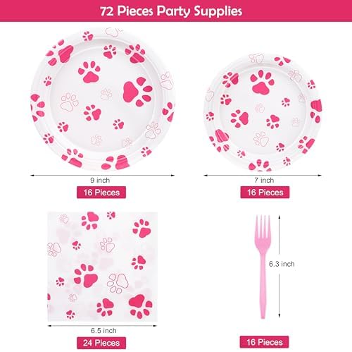 Durony 72 Piece Dog Paw Print Party Set Pink Decor