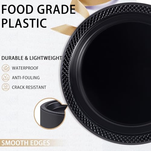 WELLIFE 9 Inch Black Plastic Plates 150 Count
