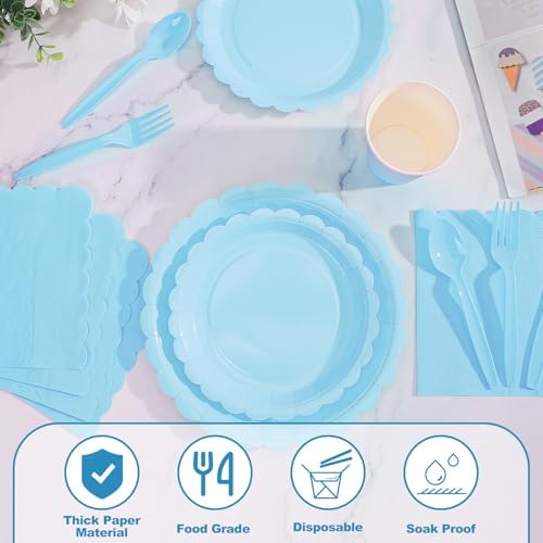 176 Pcs Light Blue Paper Plates and Napkins Set