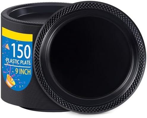 WELLIFE 9 Inch Black Plastic Plates 150 Count