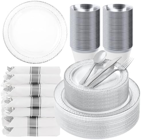 350PCS Clear Plastic Plates with Silver Trim for 50 Guests