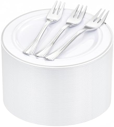 WELLIFE 240PCS Silver Plastic Dessert Plates with 120PCS Forks