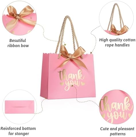 50 Pack Pink Mini Gift Bags with Handles and Bow