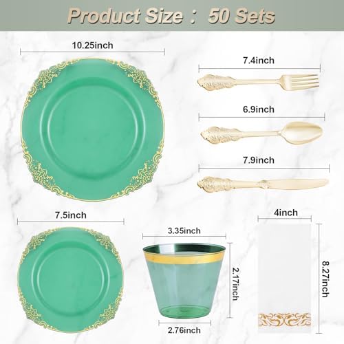 350PCS Clear Green Plastic Plates with Gold Trim for 50 Guests