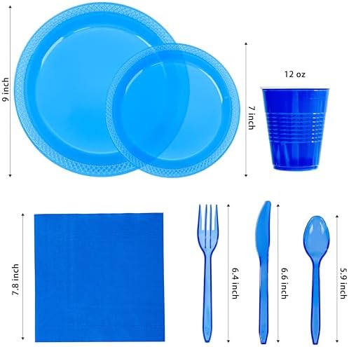 WELLIFE 210Pcs Clear Blue Plastic Plates Set for Party