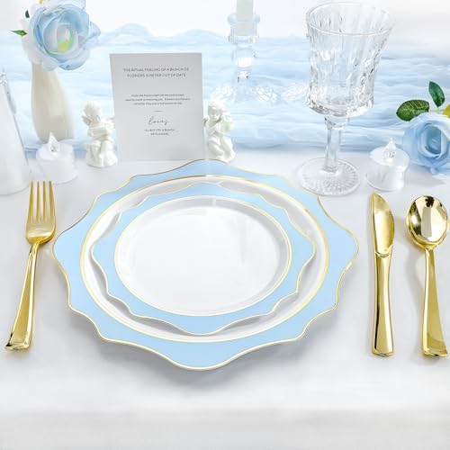100 PCS White Blue Disposable Plates for 50 Guests Party Wedding Graduation