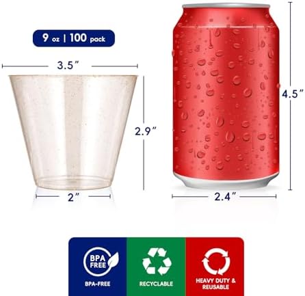 JOLLY CHEF 100 Pack 9 oz Gold Glitter Plastic Cups