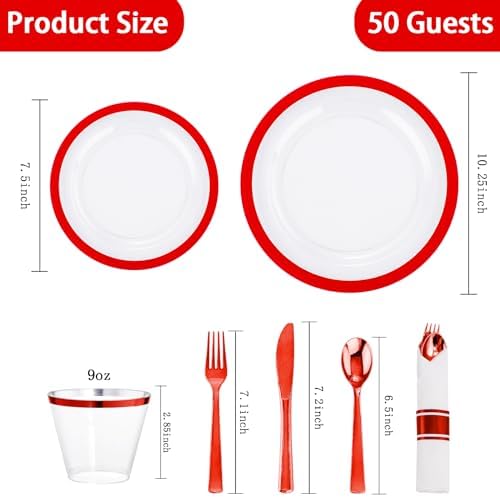 I00000 350 Pcs Clear Red Plastic Plates Set for Wedding Party